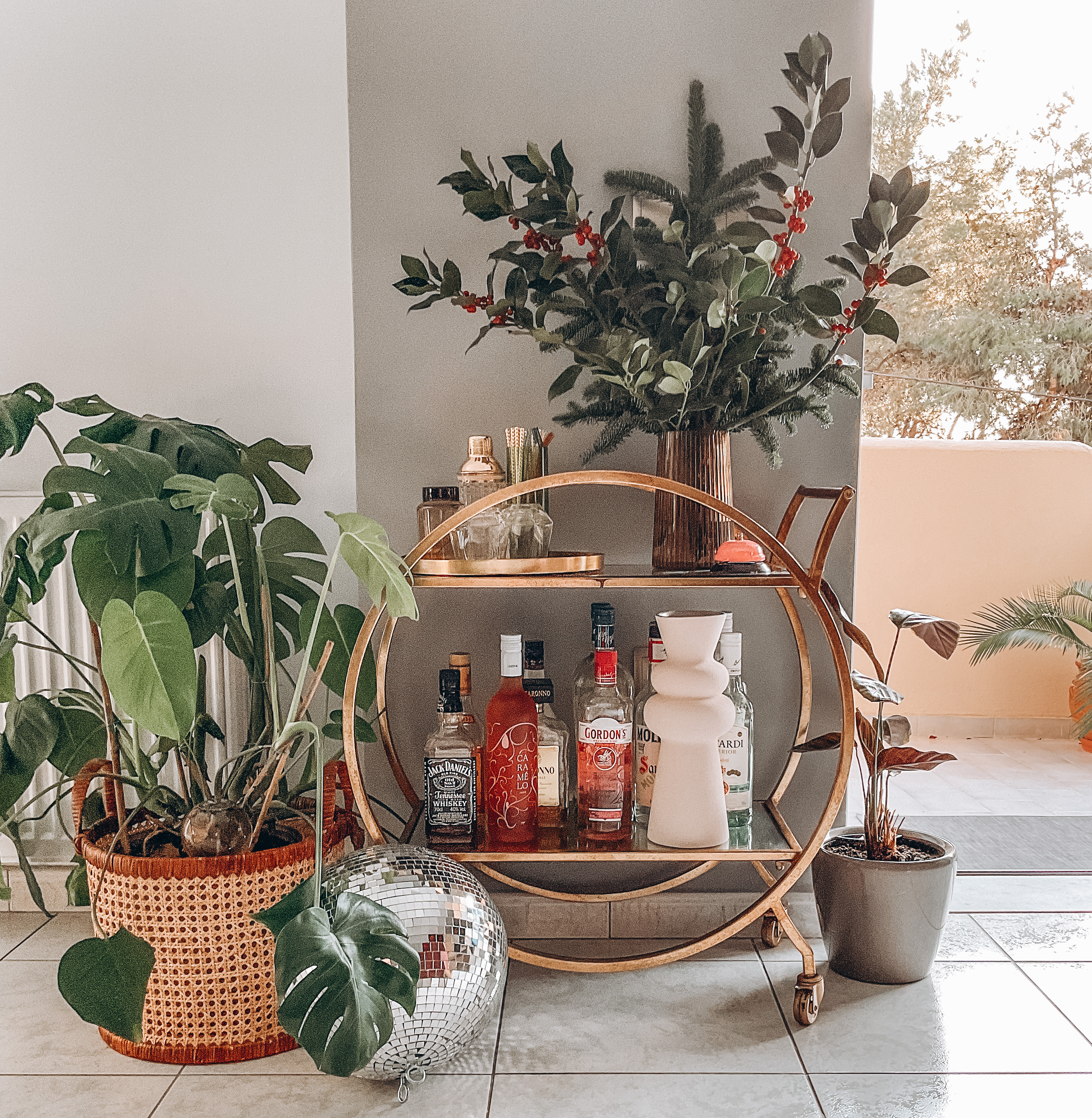 bar cart  surrounded by plants and a disco ball